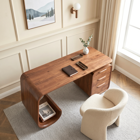 Organic Solid Wood Desk with Waterfall Shelf and Drawer Pedestal