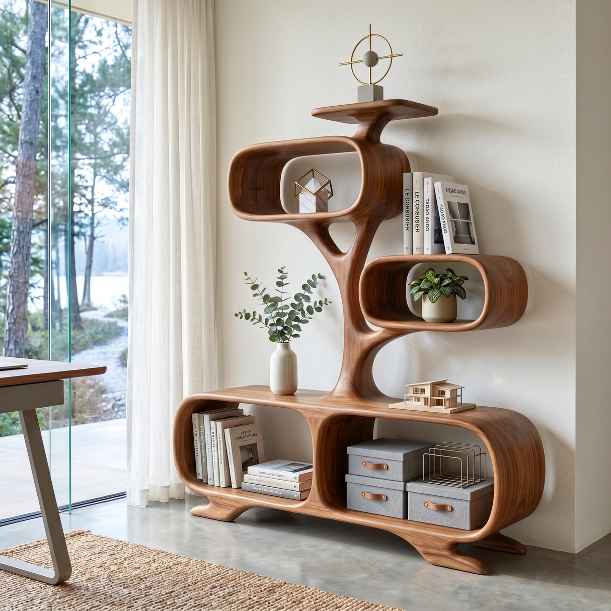 Organic Solid Wood Display Shelf with Tree-Inspired Open Compartments