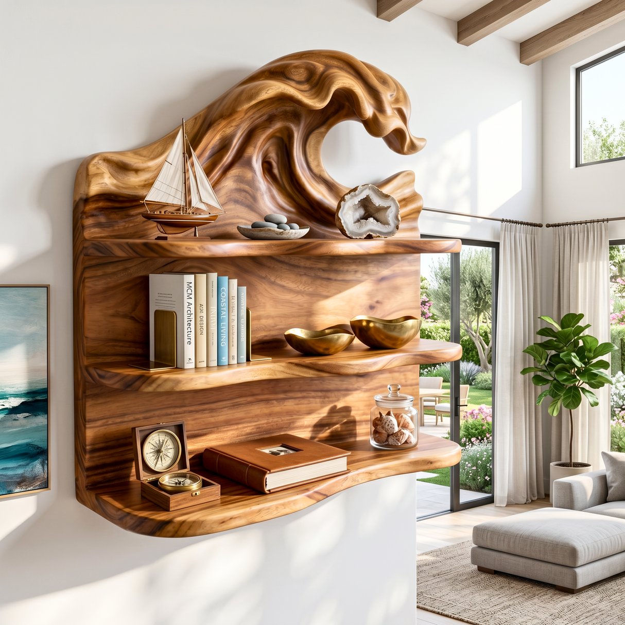Ocean Wave Wood Wall Shelf with Three Storage Tiers