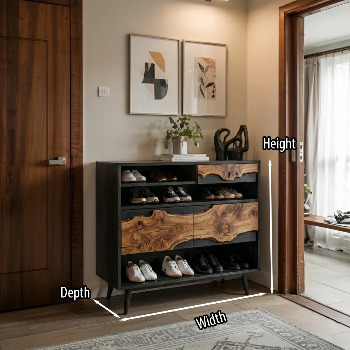 Modern Live Edge Wood Shoe Cabinet with Open Shelf Storage