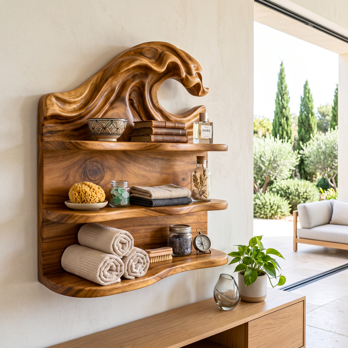 Ocean Wave Wood Wall Shelf with Three Storage Tiers
