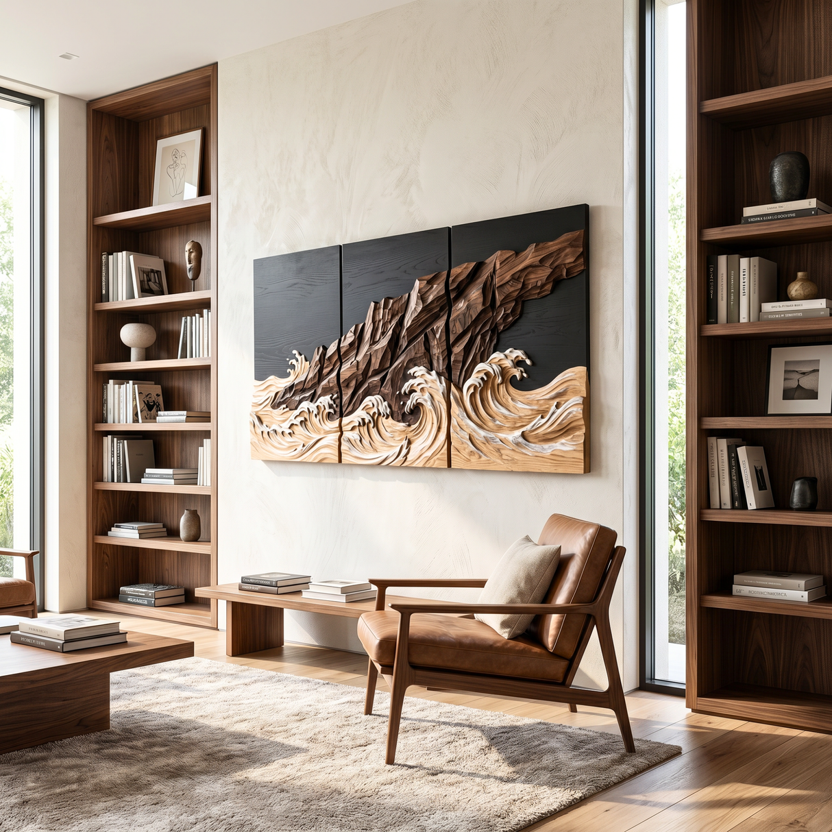 Coastal Ridge Wave Triptych Wood Wall Sculpture