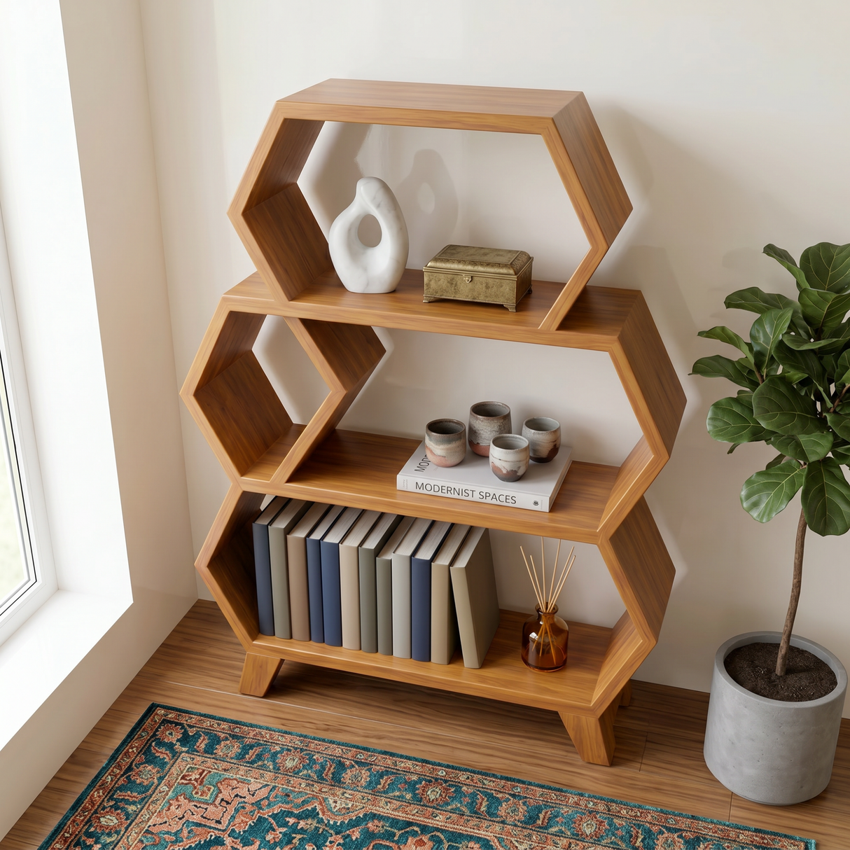 Solid Wood Hexagon Bookshelf with Open Display Shelves