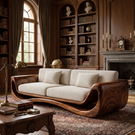 Solid Wood Curved Frame Sofa with Sculptural Wrapped Sides for Home Library