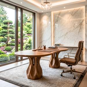 Organic Solid Wood Executive Desk with Sculptural Carved Pedestal Legs