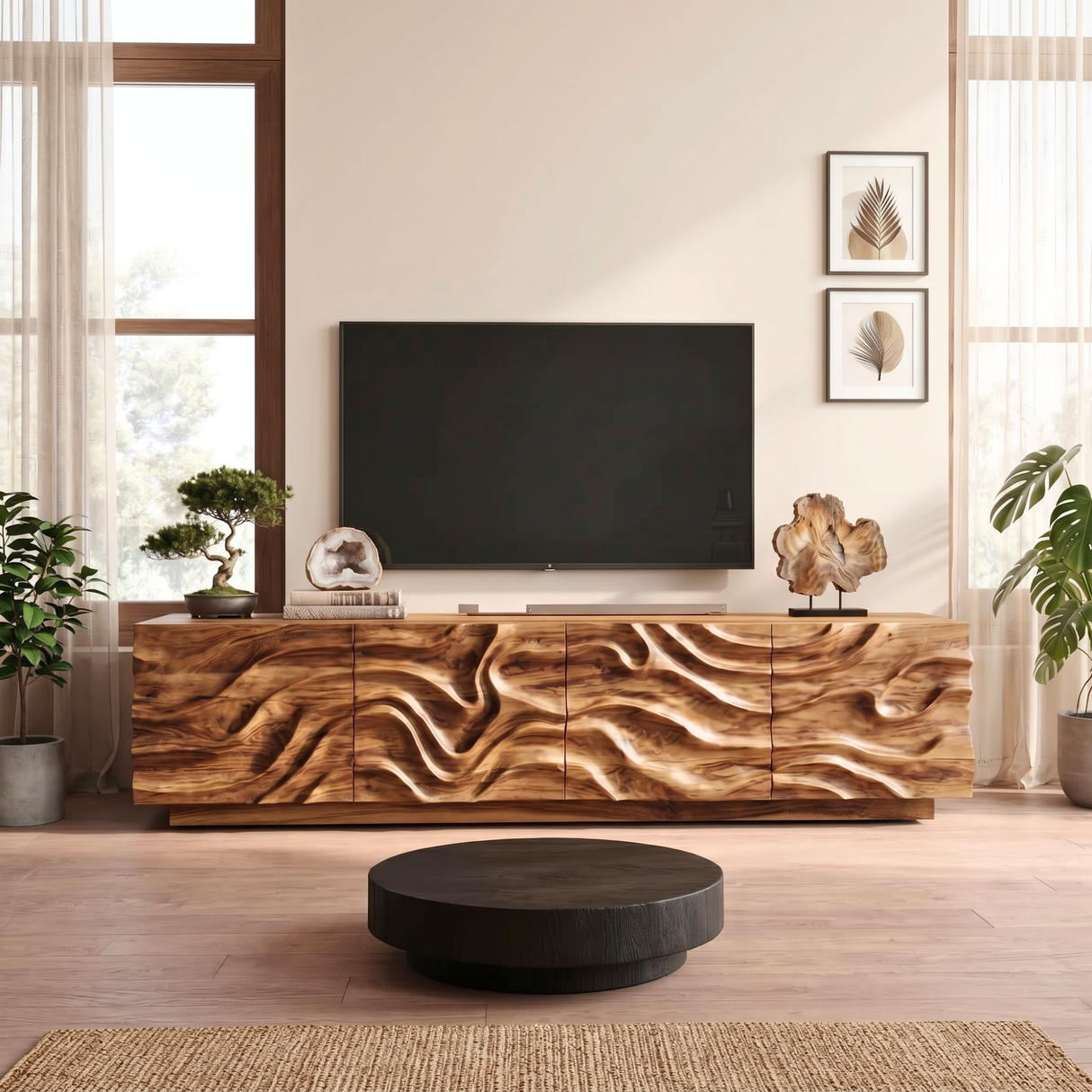 Organic Solid Wood TV Console with Flowing Wave Carved Doors
