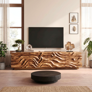 Organic Solid Wood TV Console with Flowing Wave Carved Doors