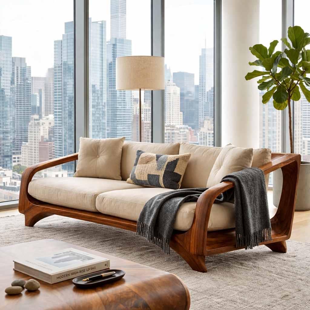 Solid Wood Sofa with Open Curved Arm Frame for Reading Room and Library Lounge
