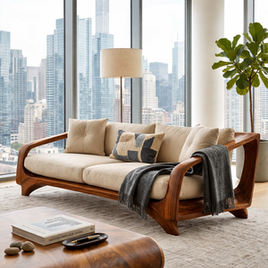 Solid Wood Sofa with Open Curved Arm Frame for Reading Room and Library Lounge