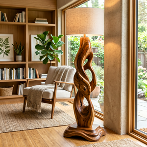 Handcrafted Wood Floor Lamp with Organic Carved Base