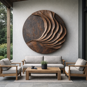 Large Solid Wood Layered Wave Circle Wall Sculpture for Modern Interiors