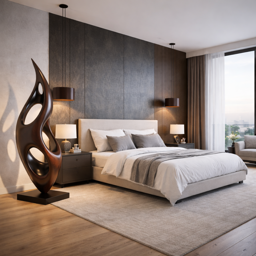 Solid Wood Openwork Flame Sculpture with Plinth for Modern Living Rooms and Lobby Spaces