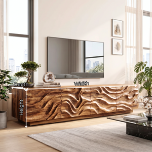 Organic Solid Wood TV Console with Flowing Wave Carved Doors