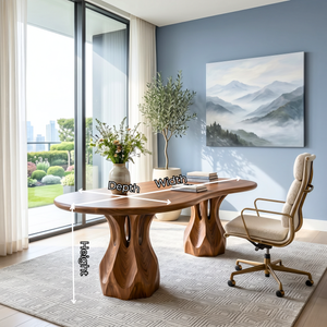 Organic Solid Wood Executive Desk with Sculptural Carved Pedestal Legs