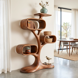 Organic Solid Wood Tree Display Shelf with Rounded Compartments
