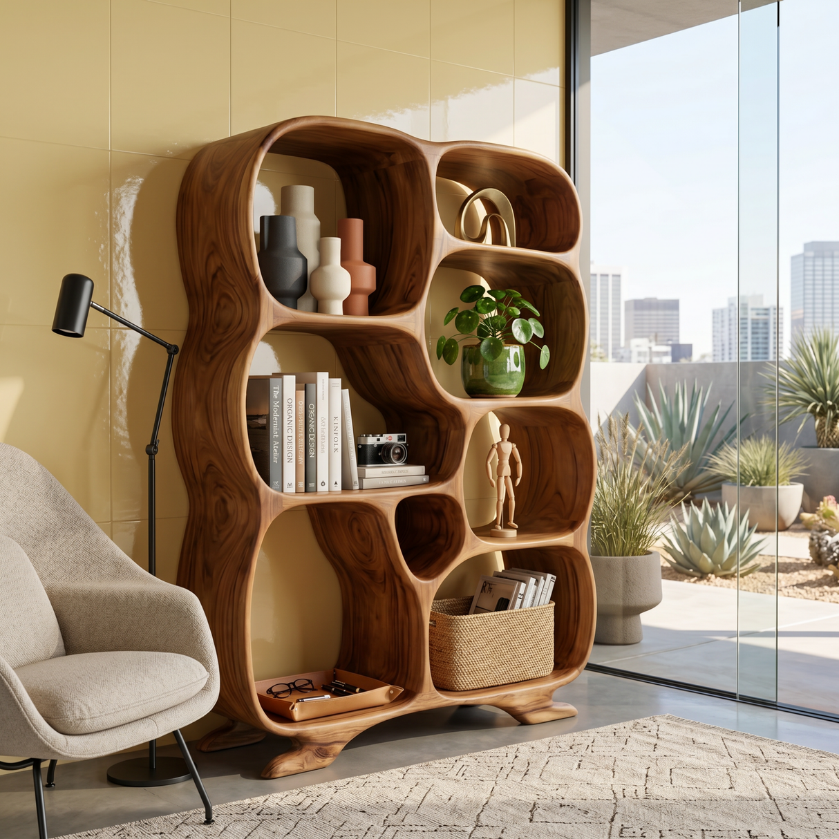 Organic Solid Wood Bookshelf with Rounded Multi-Size Compartments