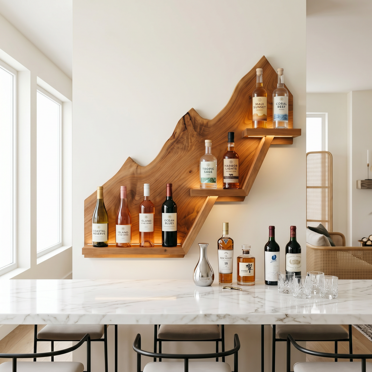 Handcrafted Solid Wood Mountain Wall Bar Shelf for Wine Bottle Display