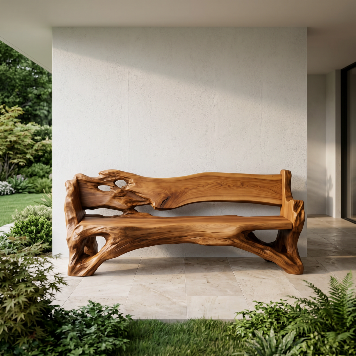 Solid Wood Live Edge Outdoor Bench with Organic Backrest