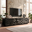 Organic Solid Wood TV Console with Flowing Wave Carved Doors