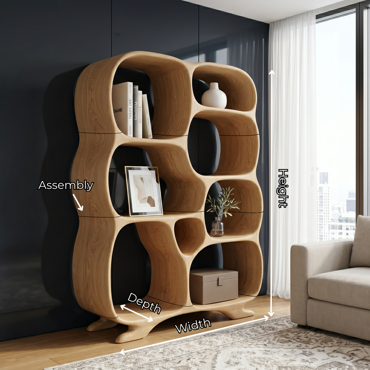 Organic Solid Wood Bookshelf with Rounded Multi-Size Compartments