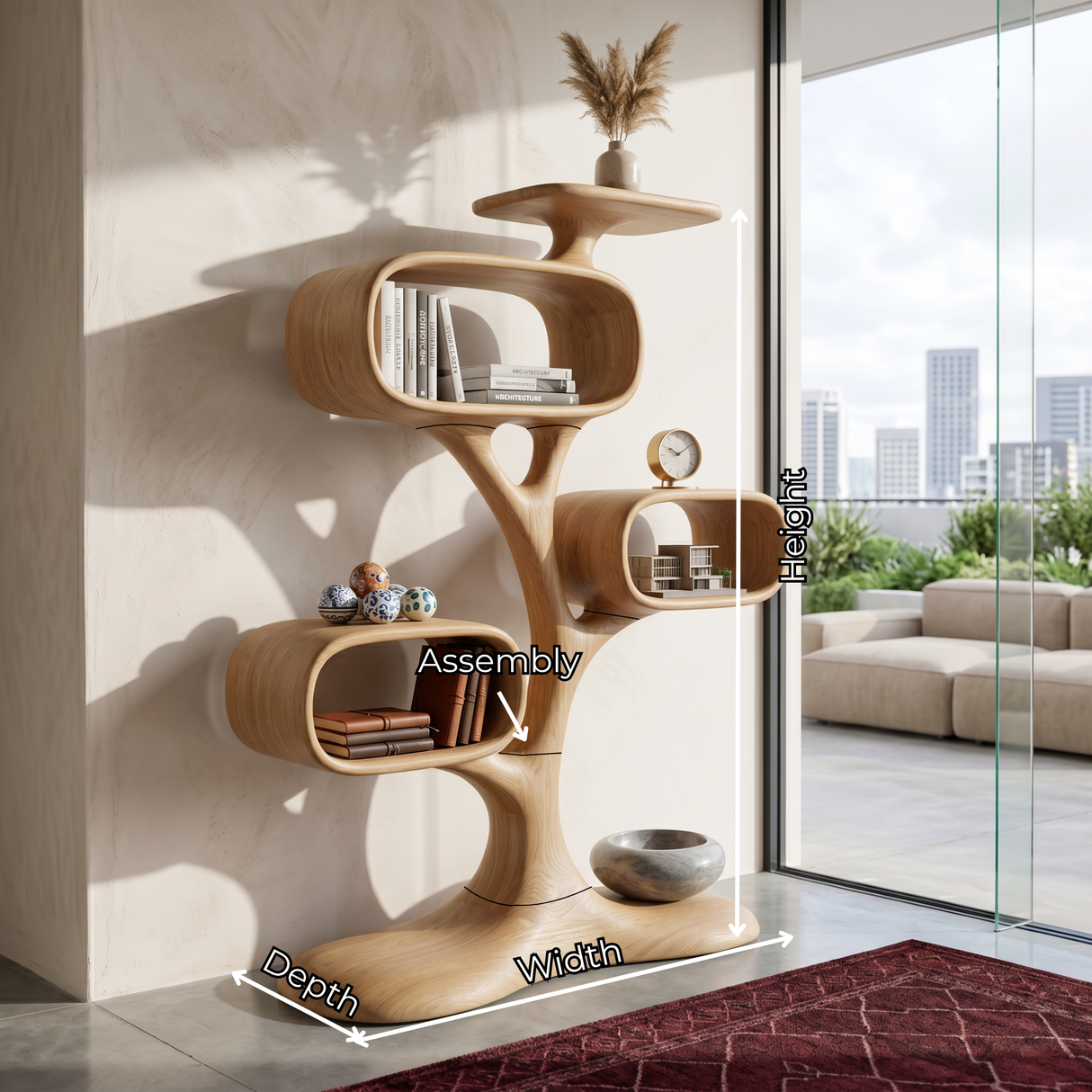 Organic Solid Wood Tree Display Shelf with Rounded Compartments