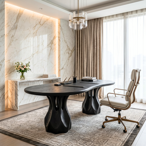 Organic Solid Wood Executive Desk with Sculptural Carved Pedestal Legs