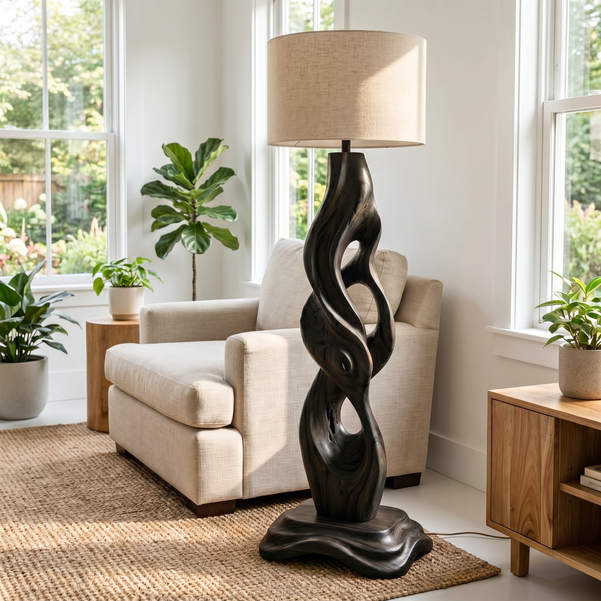 Handcrafted Wood Floor Lamp with Organic Carved Base