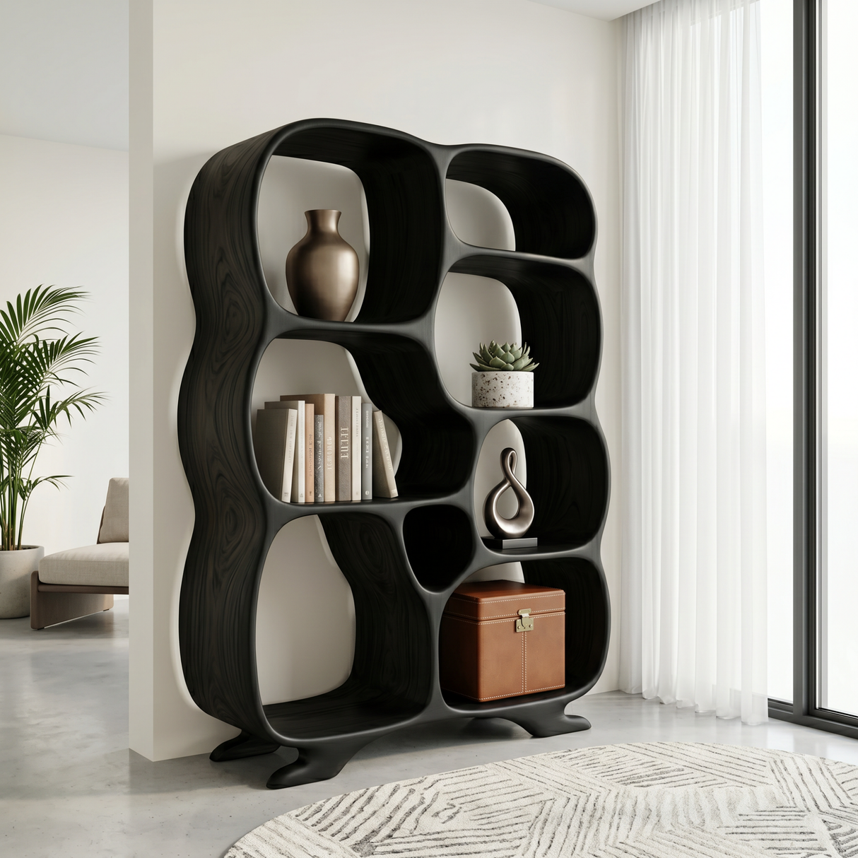 Organic Solid Wood Bookshelf with Rounded Multi-Size Compartments