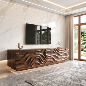 Organic Solid Wood TV Console with Flowing Wave Carved Doors