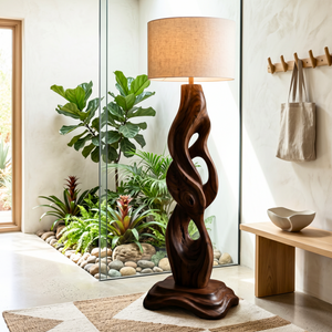 Handcrafted Wood Floor Lamp with Organic Carved Base