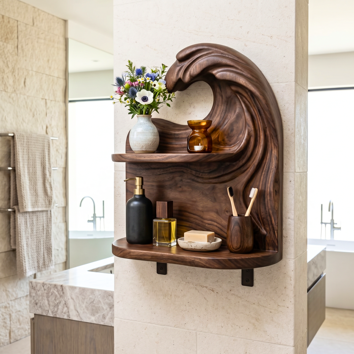 Cresting Wave Wood Wall Shelf with Two Display Tiers