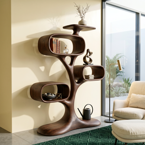 Organic Solid Wood Tree Display Shelf with Rounded Compartments