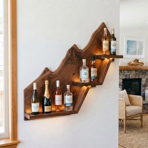 Handcrafted Solid Wood Mountain Wall Bar Shelf for Wine Bottle Display