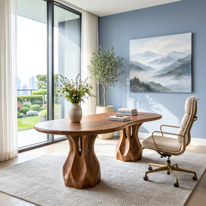 Organic Solid Wood Executive Desk with Sculptural Carved Pedestal Legs