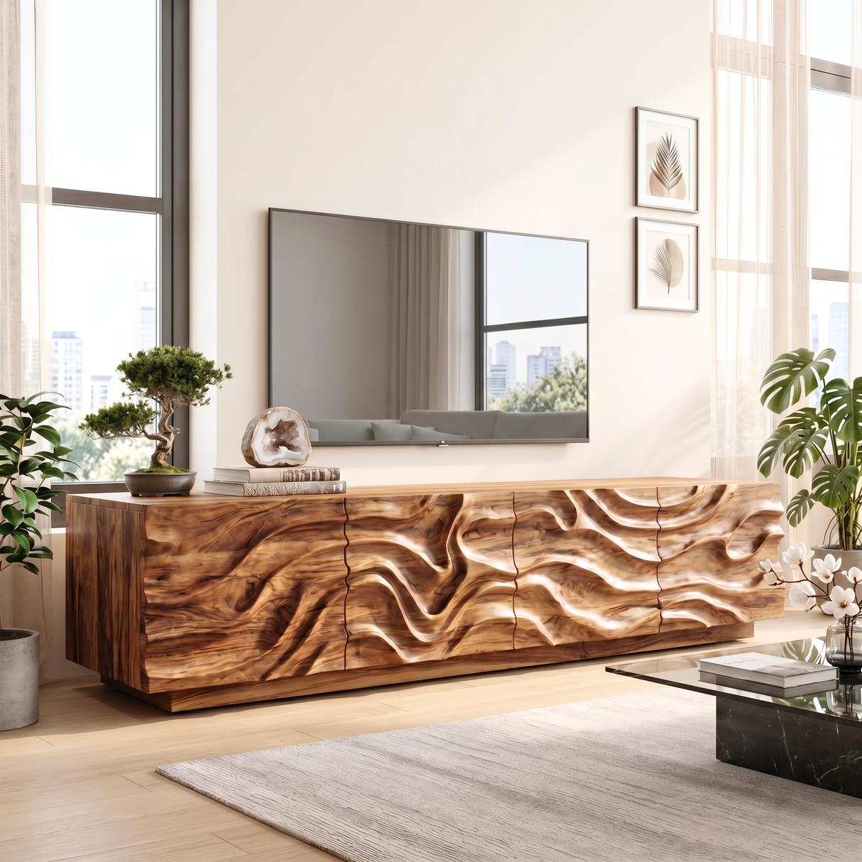 Organic Solid Wood TV Console with Flowing Wave Carved Doors