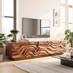 Organic Solid Wood TV Console with Flowing Wave Carved Doors