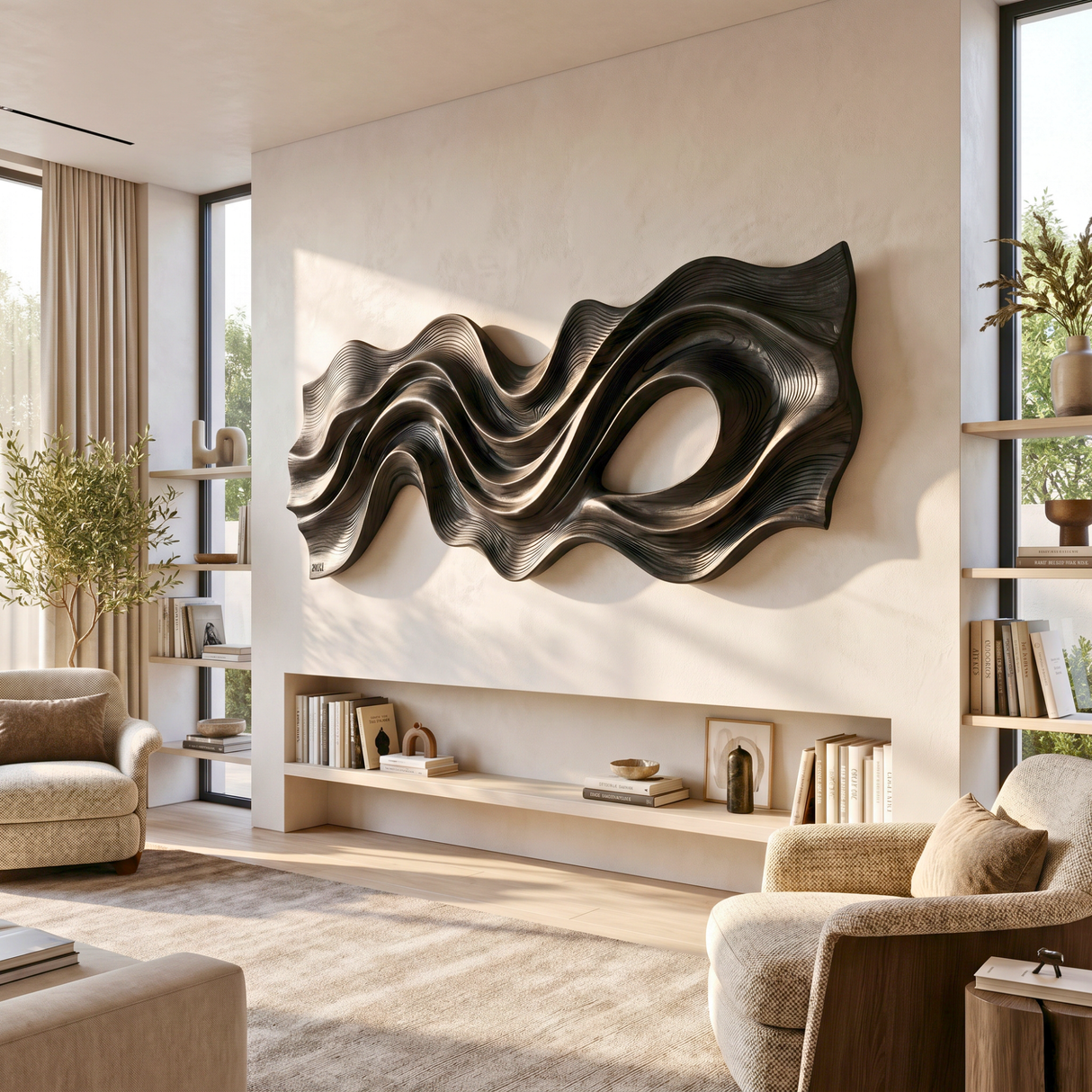 Flowing Ribbon Wood Wall Sculpture with Organic Cutout