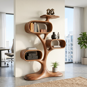 Organic Solid Wood Tree Display Shelf with Rounded Compartments
