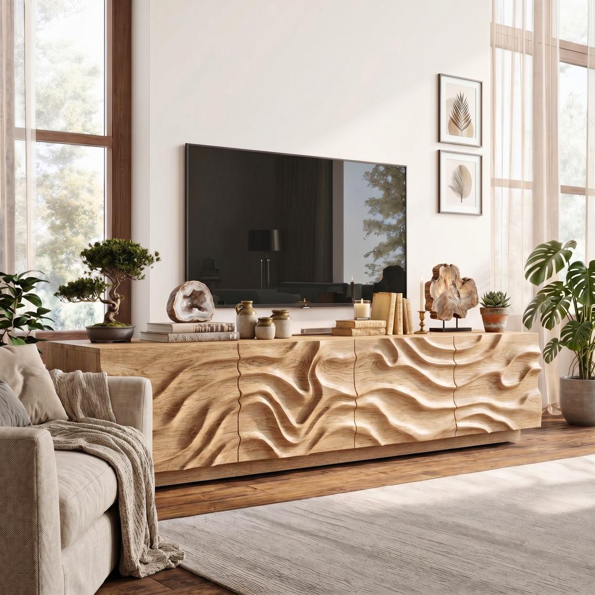 Organic Solid Wood TV Console with Flowing Wave Carved Doors