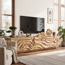 Organic Solid Wood TV Console with Flowing Wave Carved Doors