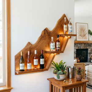 Handcrafted Solid Wood Mountain Wall Bar Shelf for Wine Bottle Display