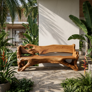 Solid Wood Live Edge Outdoor Bench with Organic Backrest