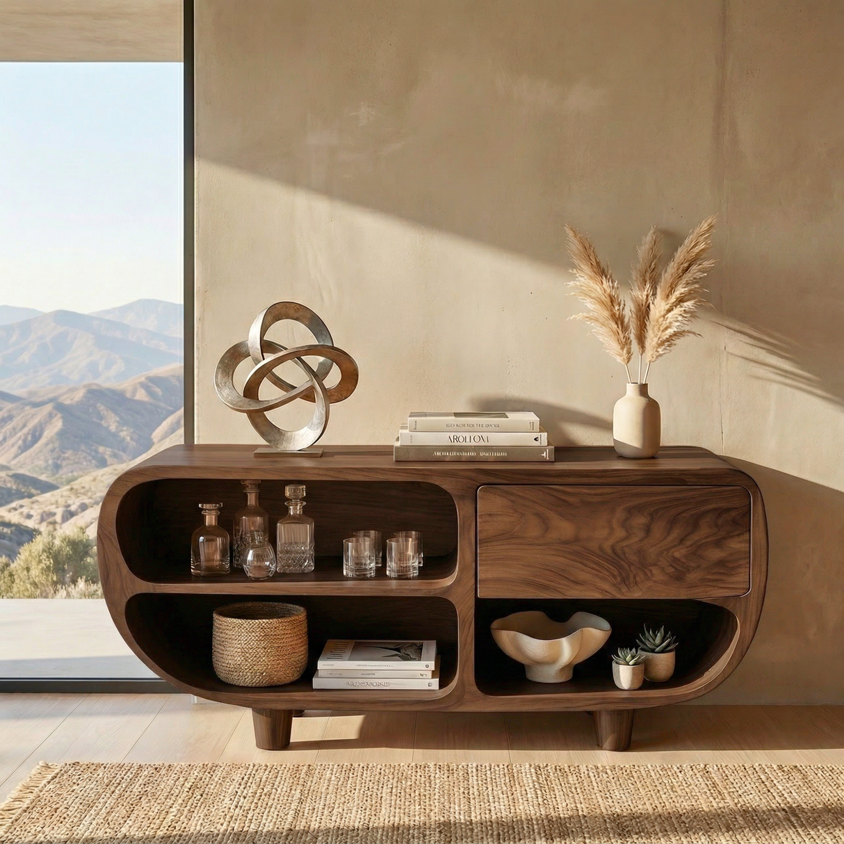 Solid Wood Sideboard with Rounded Open Shelves for Organic Modern Interiors