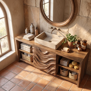 Solid Wood Bathroom Vanity with Wave Carved Center Panel and Open Shelf Storage