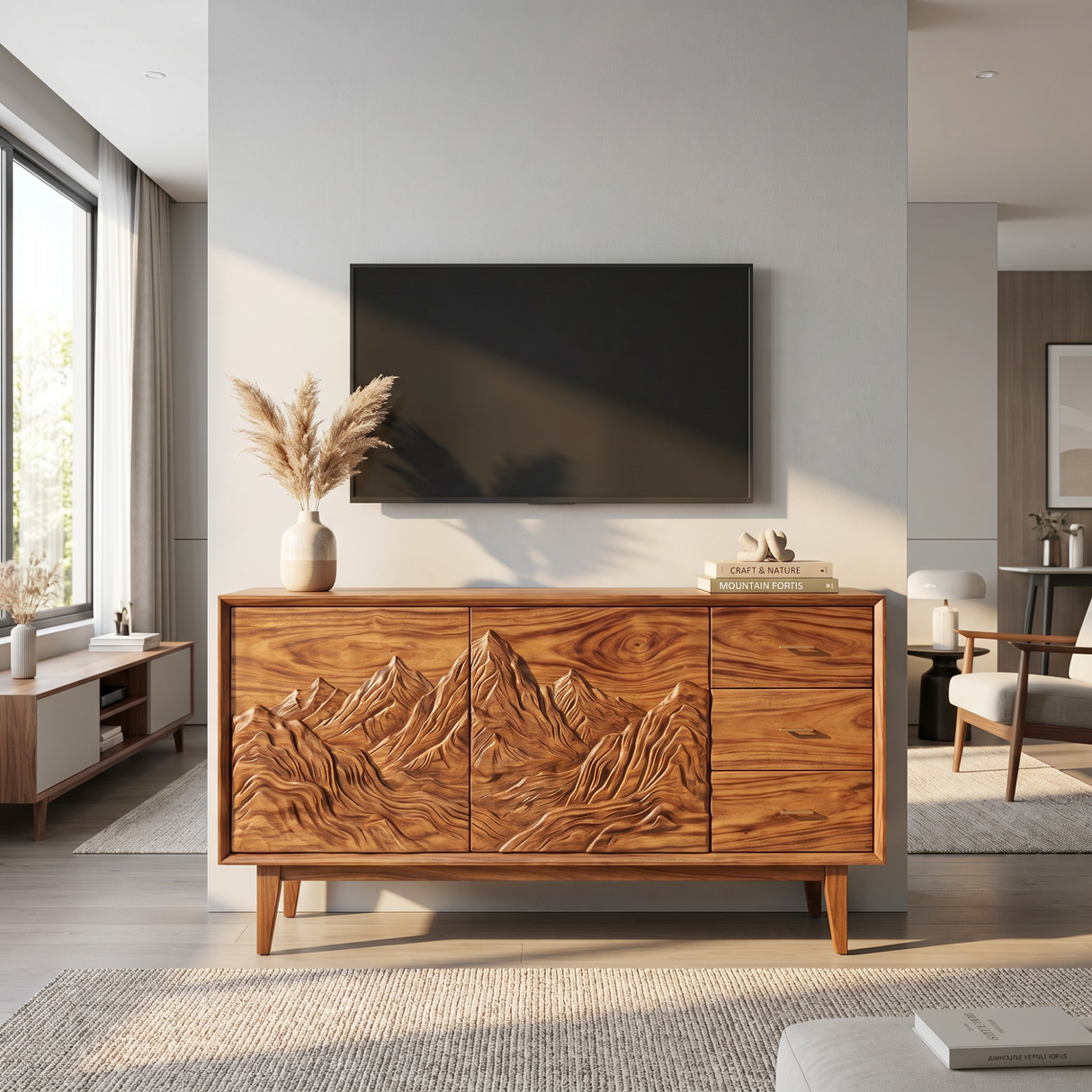 Handcrafted Solid Wood Mountain Carved Sideboard with Drawers and Cabinet Storage