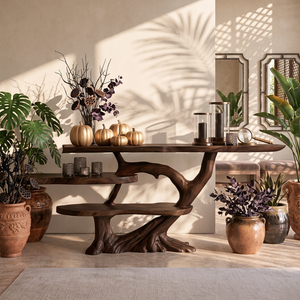 Handcrafted Solid Wood Console Table with Tiered Shelves and Sculptural Tree Base