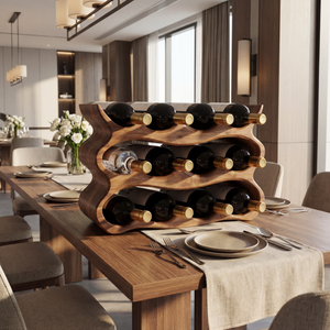 Wave Form Solid Wood Wine Rack Compact Sculptural Bottle Holder Multi Slot Tabletop Organizer