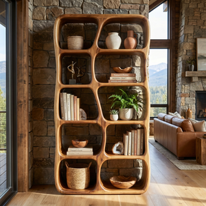 Sculptural Solid Wood Bookshelf with Organic Open Niches