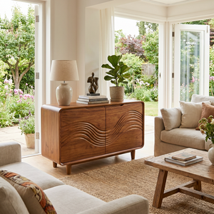 Solid Wood Two Door Sideboard with Wave Relief FrontSolid Wood Two Door Sideboard with Wave Relief Front