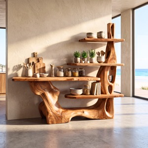 Sculptural Solid Wood Console Table with Tiered Shelving Organic Entryway Table